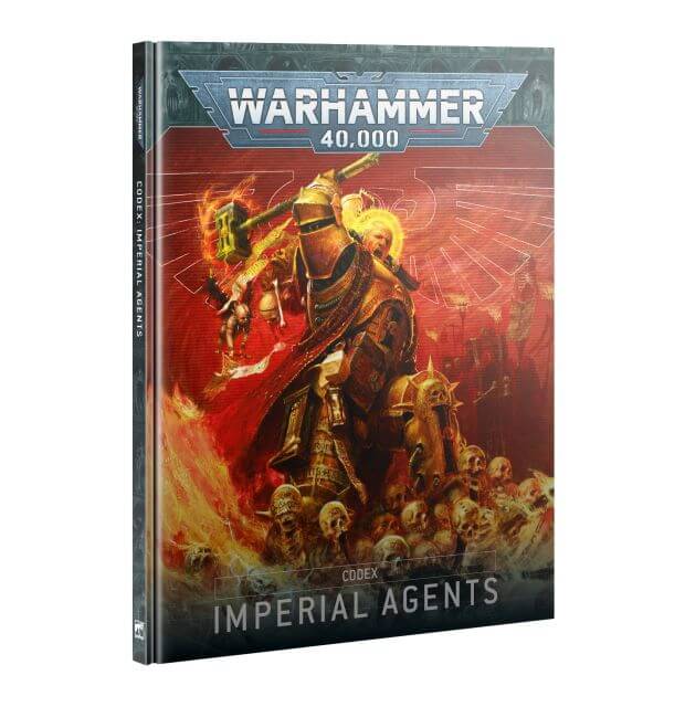 Cover of the Imperial Agents Codex 10th Edition, featuring artwork of a character in a suit of Plate Armor, wielding a sword, with a fiery background.