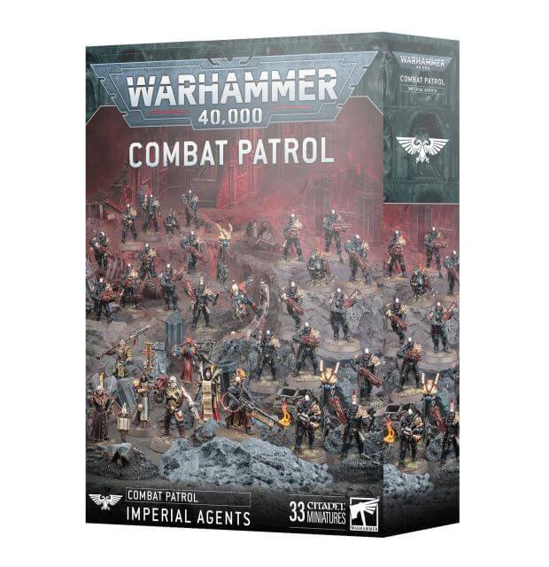 Packaging for Warhammer 40,000 Combat Patrol game featuring Imperial Agents. The box displays various miniature figures engaged in battle.