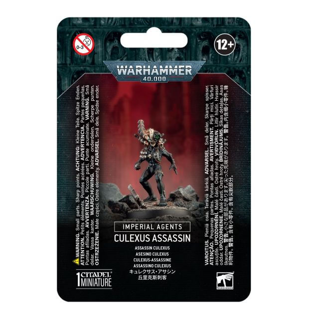 Packaging for Warhammer 40,000 Imperial Agents Culexus Assassin miniature, featuring the assembled and painted figure on the front.