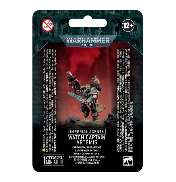 Packaging for Warhammer 40,000 Imperial Agents Watch Captain Artemis miniature, featuring the character in a combat pose against a dark, fiery background.