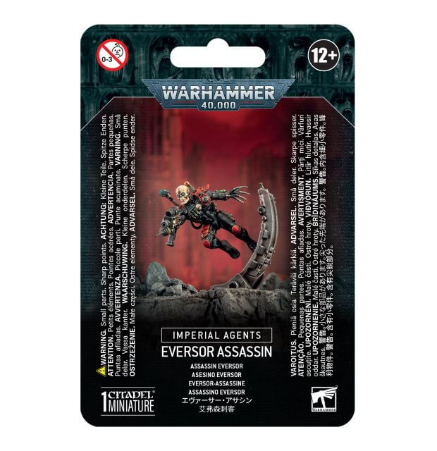 Packaging for Warhammer 40,000 Imperial Agents Eversor Assassin miniature, featuring the miniatures image, name, and age recommendation.