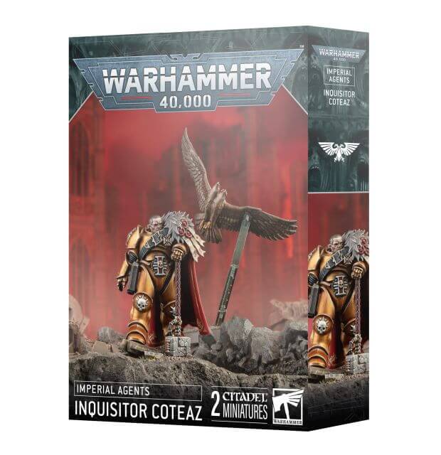 Product packaging for Warhammer 40,000 Imperial Agents Inquisitor Coteaz miniature, featuring an illustration of the character and a Psyber-eagle on a rock, with a red and grey aesthetic.