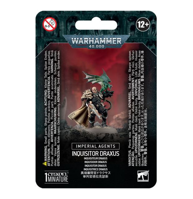 Packaging for Warhammer 40,000 Imperial Agents Inquisitor Draxus miniature, featuring the miniature on the front with a dark, dramatic background.