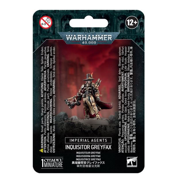 Packaging for Warhammer 40,000 Imperial Agents Inquisitor Greyfax miniature, featuring the assembled and painted figure on the front.
