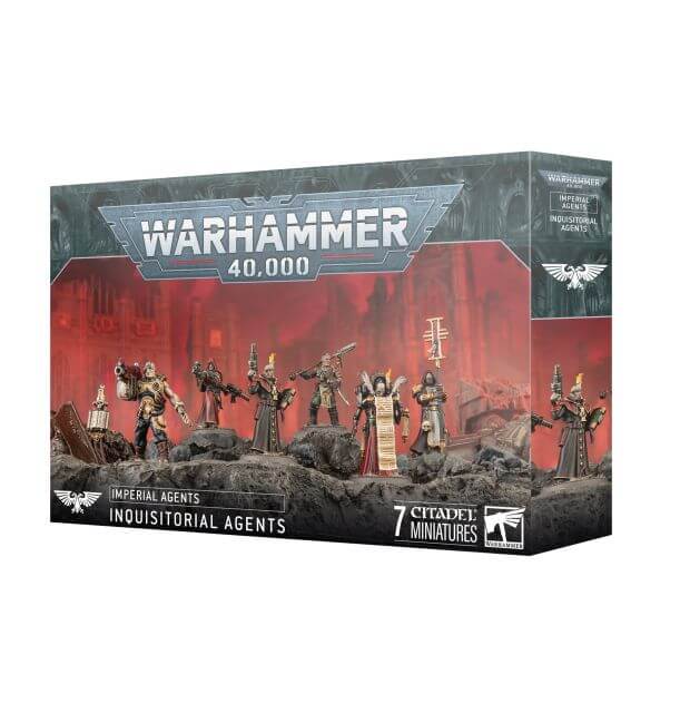 Product packaging for 'Imperial Agents Inquisitorial Agents' featuring miniatures from the Warhammer 40,000 game. The box displays the figures in a dramatic pose with a red and grey background, showcasing their armor and weapons.