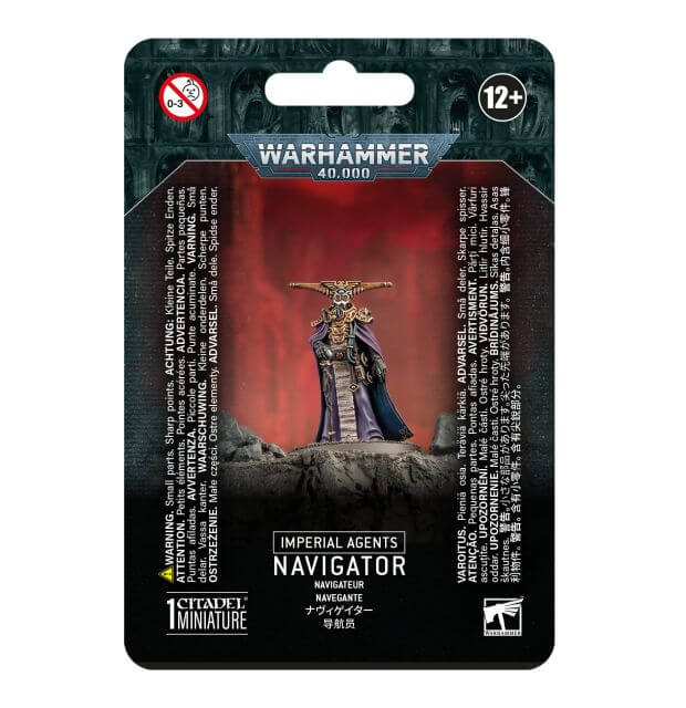 Packaging for Warhammer 40,000 Imperial Agents Navigator miniature, featuring the assembled and painted model on the front.