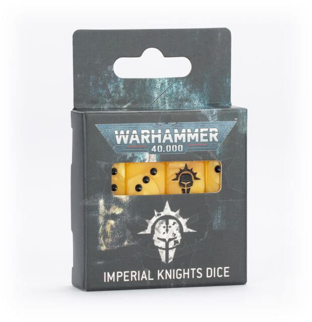 Packaged dice set for 'Warhammer 40,000' with Imperial Knights logo on a white background