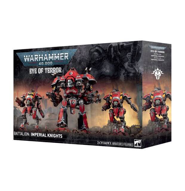 Box for Warhammer 40,000 Imperial Knights with warrior figures on a dark background