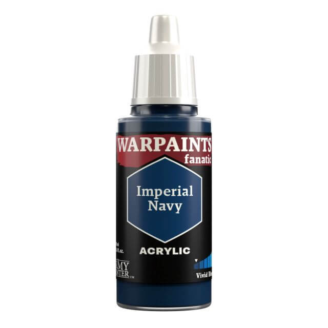 A bottle of Warpaints Fanatic Imperial Navy acrylic paint.