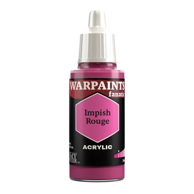 A bottle of Warpaints Fanatic Impish Rouge acrylic paint in a 18ml container, with a label that includes the product name and branding.