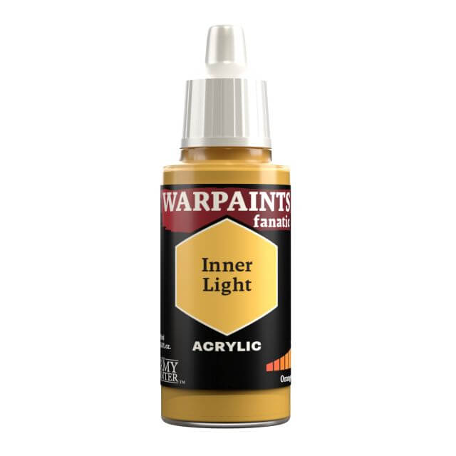 A bottle of Warpaints Fanatic Inner Light acrylic paint, a warm yellow color.