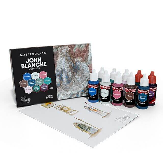 Art supplies including a book titled 'Masterclass John Blanche Volume 3' and paint bottles on a white background.