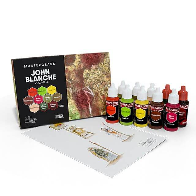 Art supplies including a book titled 'Masterclass John Blanche Volume 4' and paint bottles on a white background.