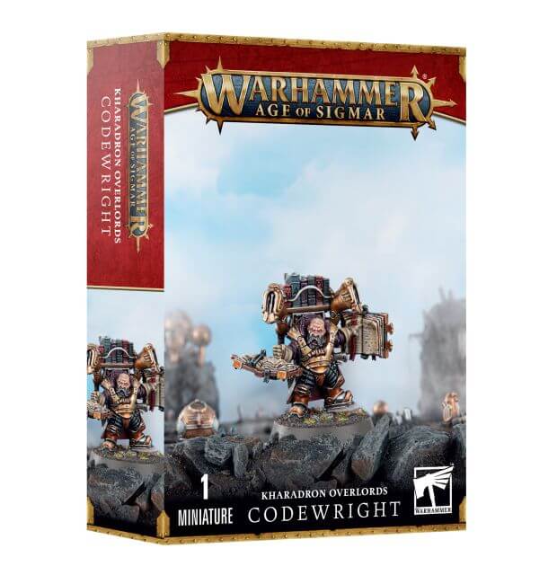 Packaging for Warhammer Age of Sigmar Codewright miniature, featuring the character with a gun and books, carrying a flag, on a box with '1 miniature' noted at the bottom.