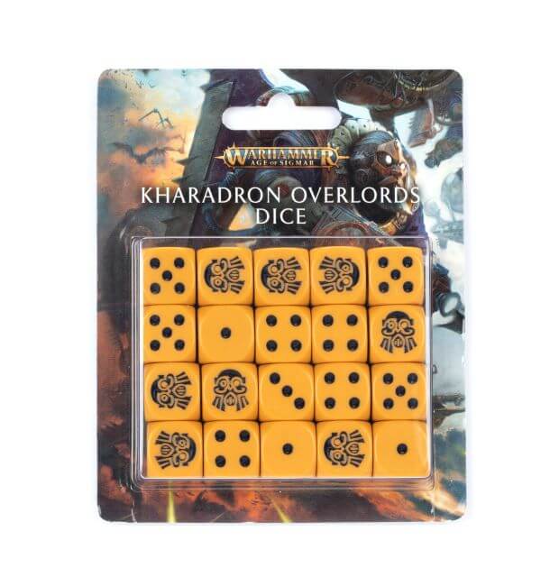 Packaging of Kharadron Overlords Dice with twenty round-edged, orange dice visible through a clear plastic window, each with a black ink icon on the '6' face, set against a fantasy-themed background illustration.