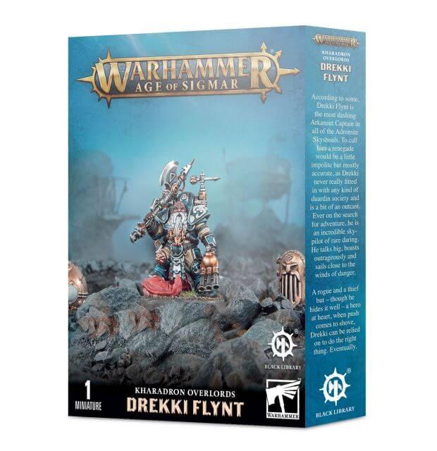 Packaging for Warhammer Age of Sigmar's Kharadron Overlords Drekki Flynt, featuring an illustration of the character on a rocky outcrop, accompanied by his skybeast mount.
