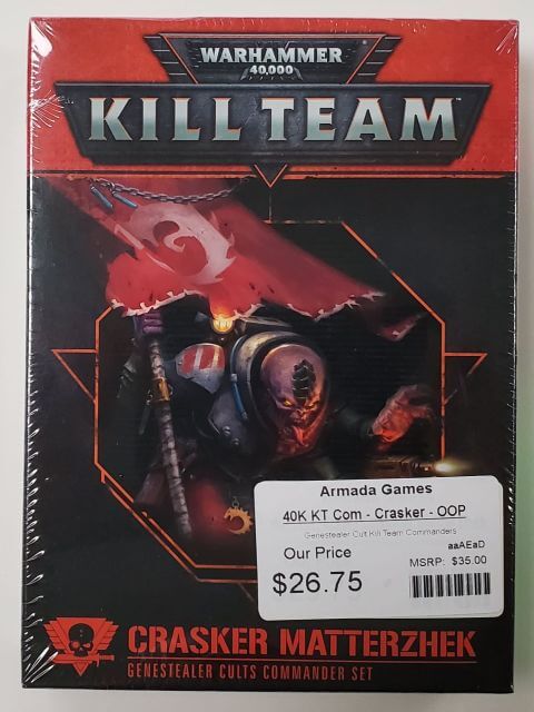 Packaging for Kill Team Crasker Matterzhek, one of the Commanders. An insect-human hybrid is shown. 