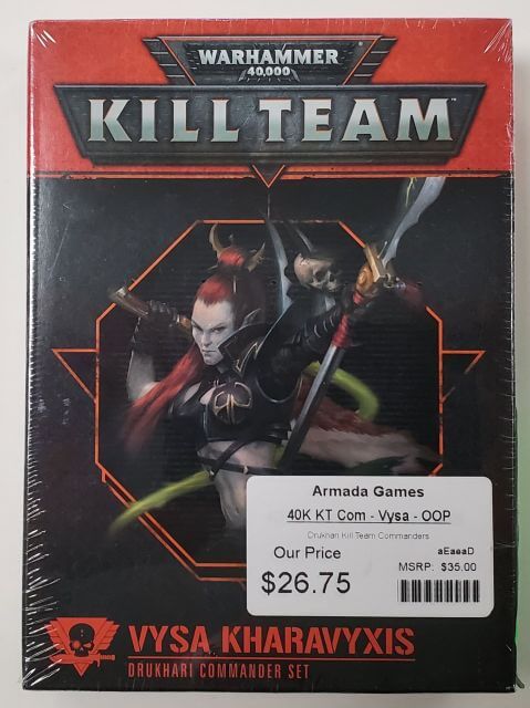 Packaging for Warhammer 40K Kill Team Commanders Vysa miniatures game, featuring two action figures.