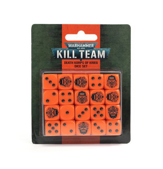 Packaging of Warhammer 40K Kill Team Death Korps dice set, featuring orange dice with black engraved symbols.