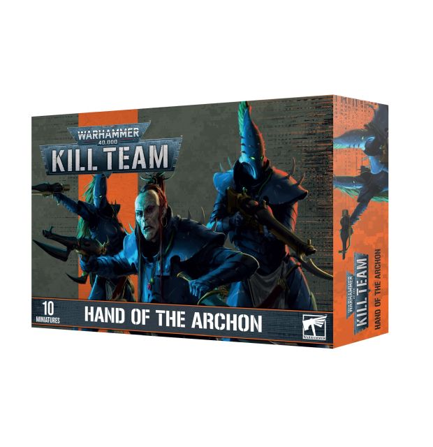 Box cover for Warhammer 40,000 Kill Team Hand of The Archon, featuring illustrated miniatures and the text 'HAND OF THE ARCHON' along with the game information.