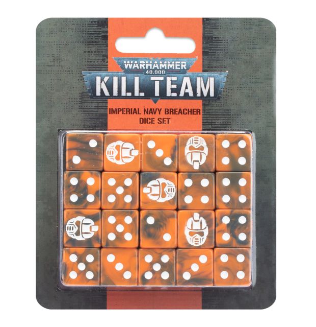 Packaging of Warhammer 40,000 Kill Team Imperial Navy Breacher dice set, featuring orange dice with white markings.