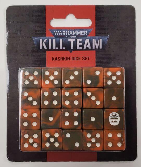 Packaging of Warhammer 40K Kill Team Kasrkin Dice Set with multiple dice visible through the clear panel.