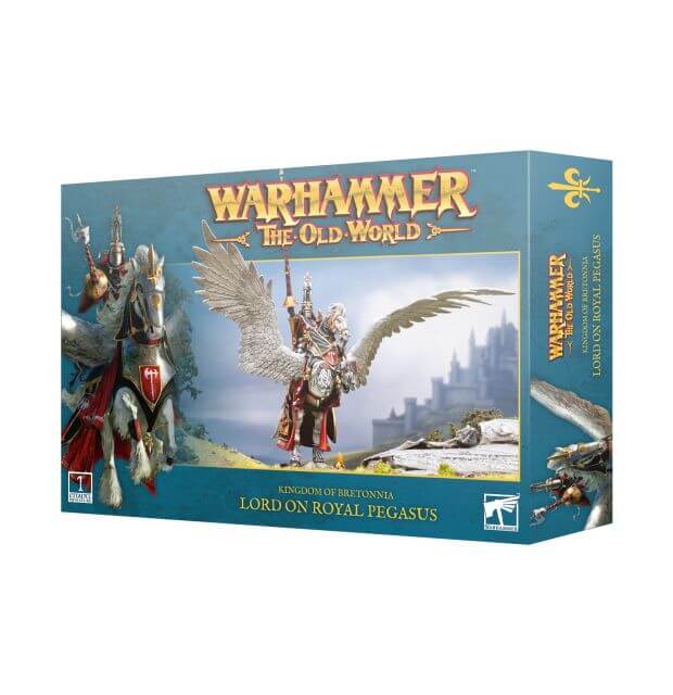 Product image of a Warhammer miniature kit featuring a Lord of Bretonnia mounted on a Royal Pegasus, displayed in its packaging.