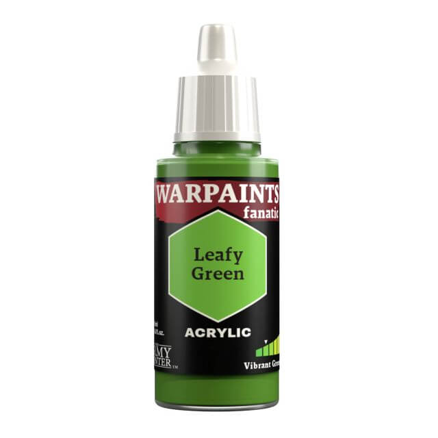 A bottle of Warpaints Fanatic Leafy Green acrylic paint.