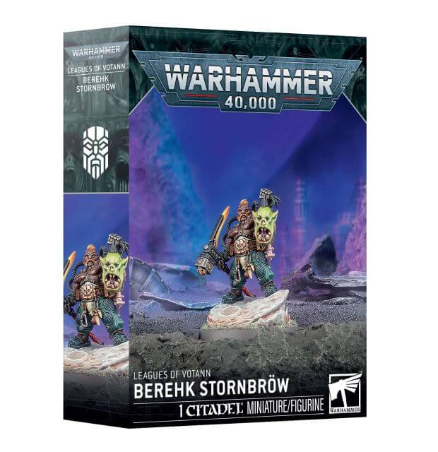 Warhammer 40,000 miniature figurine packaging with character illustration on a white background