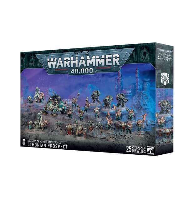 Warhammer 40,000 game box with miniature figures on a white background