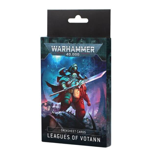 Warhammer 40,000 datasheet cards packaging with warrior illustration on a white background