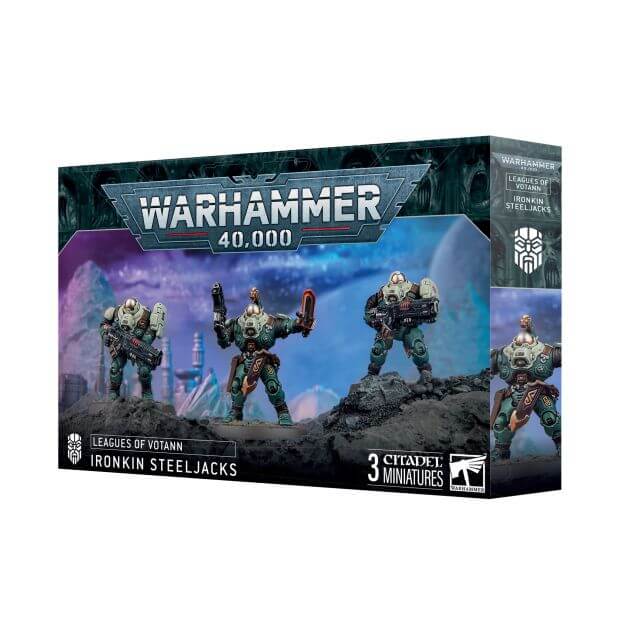 Warhammer 40,000 game box with Ironkin Steeljacks on a white background