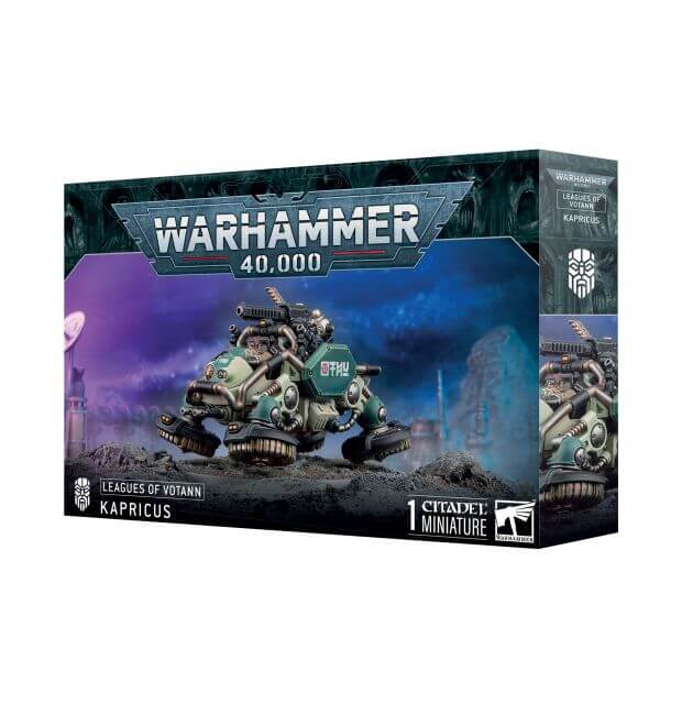 Warhammer 40,000 game box with a miniature on a white background
