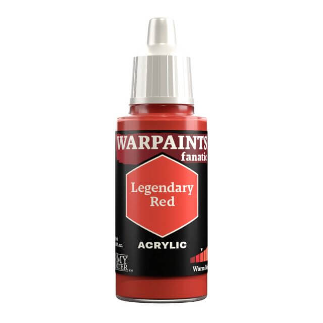A bottle of Warpaints Fanatic Legendary Red acrylic paint.