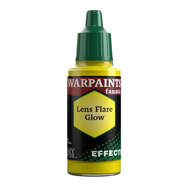 A bottle of Warpaints Fanatic Effects Lens Flare Glow, a craft paint designed to create a glowing effect on lenses and magical spells.