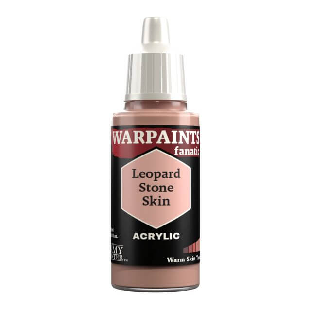 A bottle of Warpaints Fanatic acrylic paint in a shade named 'Leopard Stone Skin'. The bottle is labeled with '18ml' and the paint color, which is a pale reddish brown.