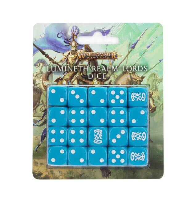 A set of blue gaming dice with fantasy-themed symbols on them, packaged in a blister pack with artwork of fantasy characters in the background.