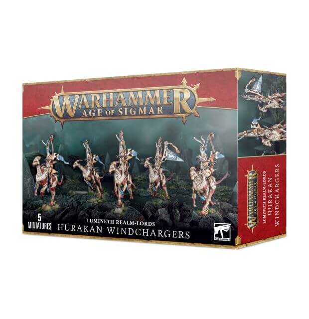 Product packaging for Warhammer Age of Sigmar Lumineth Realm-Lords Hurakan Windchargers, featuring illustrations of the characters on a box with red and green design elements.