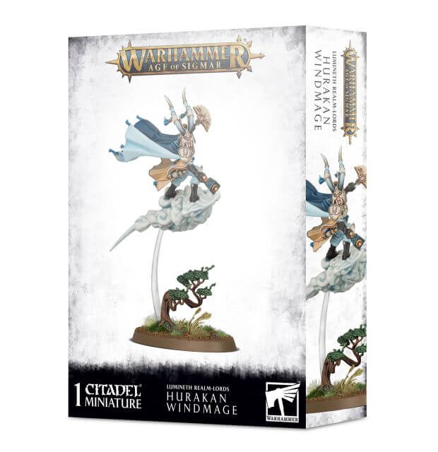 Packaging for Lumineth Realm-Lords Hurakan Windmage miniature, featuring the assembled and painted model on the box art.