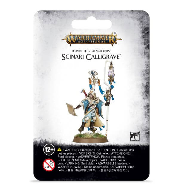 Packaging for Warhammer Lumineth Realm-Lords Scinari Calligrave miniature, featuring the assembled and painted model on the front.