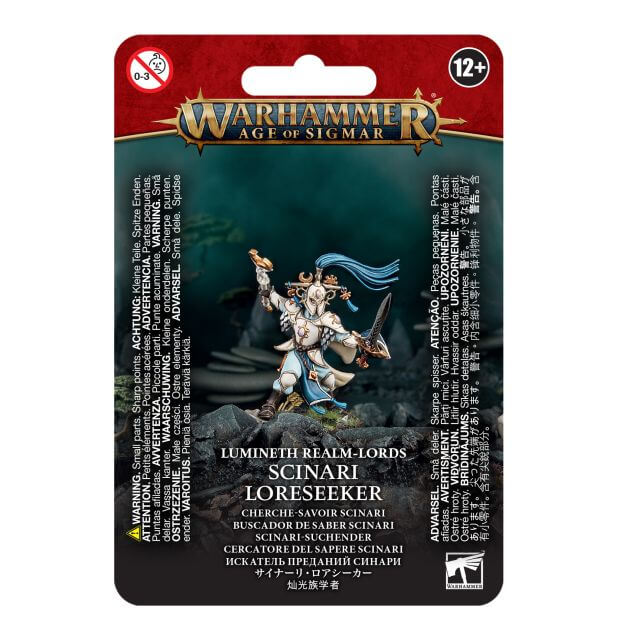 Packaging for Warhammer Age of Sigmar Lumineth Realm-Lords Scinari Loreseeker, featuring an illustration of the character on a card with red and black design elements.