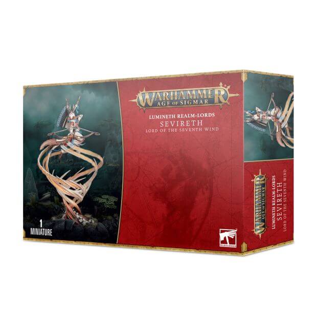 Product packaging for 'Lumineth Realm-Lords Sevireth, Lord of the Seventh Wind' featuring an illustration of a fantasy figure on a windswept background.