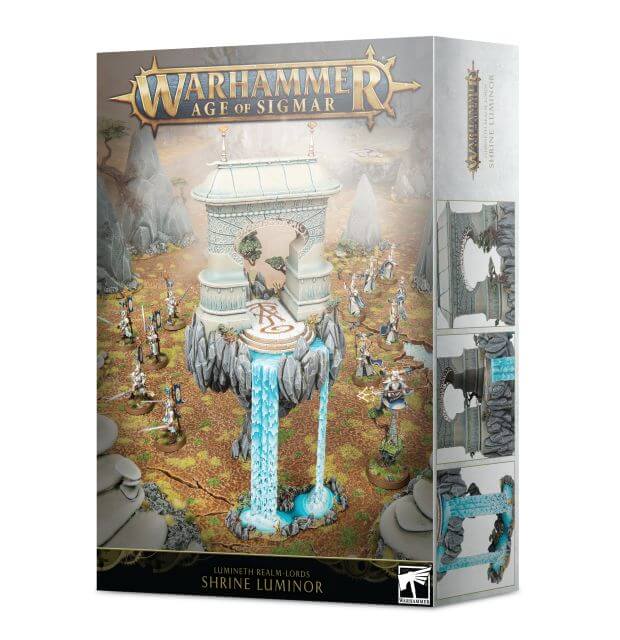 Product packaging for Warhammer Age of Sigmar Shrine Luminor, featuring an image of the assembled terrain piece with miniature figures around it, set against a fantasy-themed backdrop.