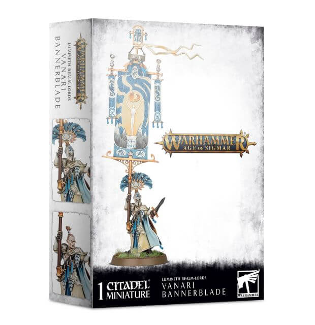 Packaging for Lumineth Realm-Lords Vanari Bannerblade miniature, featuring the assembled and painted model on the front.