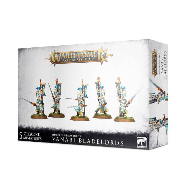 Product packaging for 'Warhammer Age of Sigmar: Vanari Bladelords' featuring illustrations of the miniatures included in the set, with five figures visible on the front and box art indicating the collection is related to Lumineth Realm-Lords.