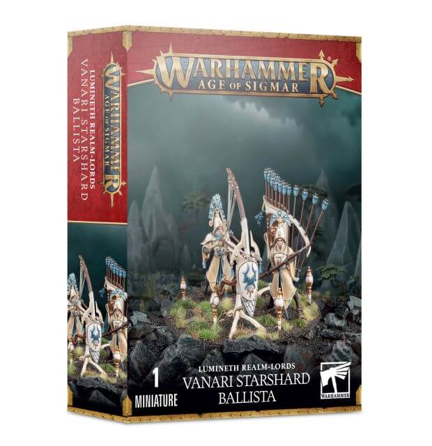Product packaging for 'Lumineth Realm-Lords Vanari Starshard Ballista' featuring illustrations of fantasy characters and a battle scene.
