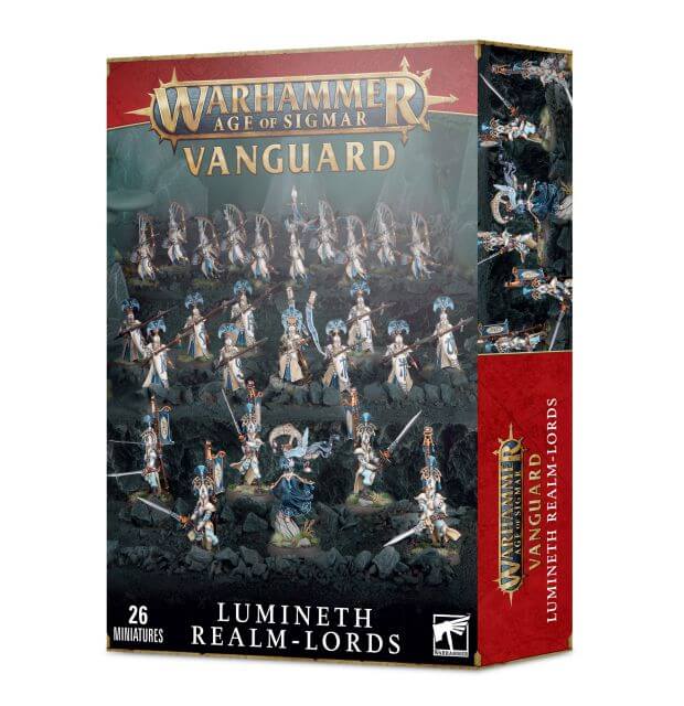 Boxed set of Warhammer Age of Sigmar miniatures titled Lumineth Realm-Lords, featuring various fantasy figures ready for assembly and painting.