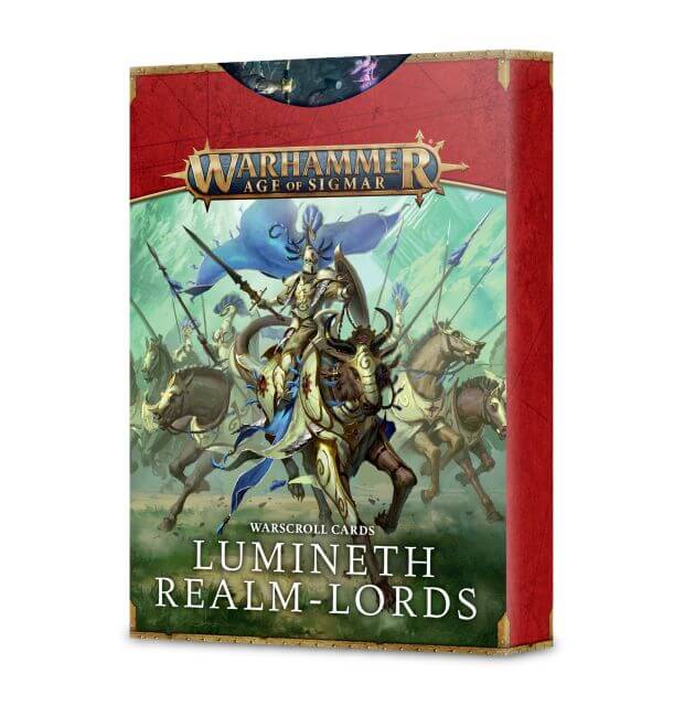 Packaging for the Age of Sigmar Lumineth Realm-Lords Warscrolls depicting several elves on horseback.
