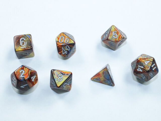 A close of the Chessex  Lustrous gold with white mini dice set.