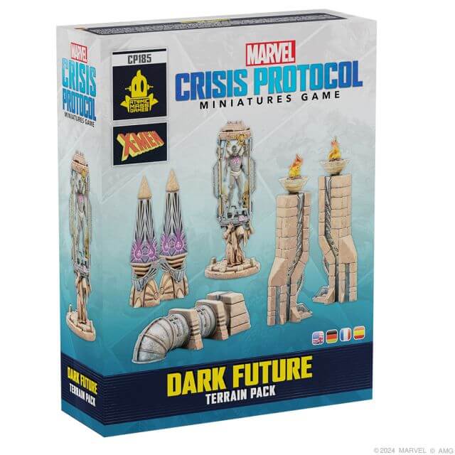 Marvel Crisis Protocol miniatures game box with terrain pieces on a white background